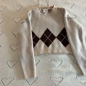 Neutral Beige Argyle Crewneck Sweater